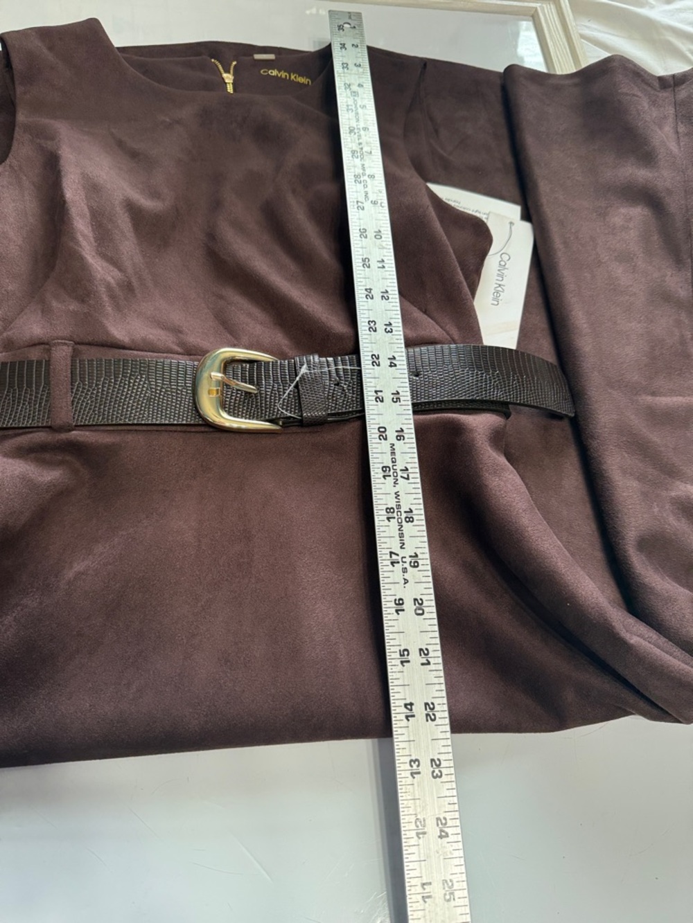 Calvin Klein Brown Faux Suede Belted A-Line Midi Dress Size 6 - Picture 11 of 12